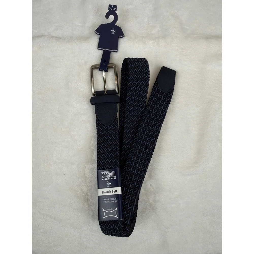 Original Penguin Mens Woven Stretch Belt Blue Braided Chevron Small 30-32